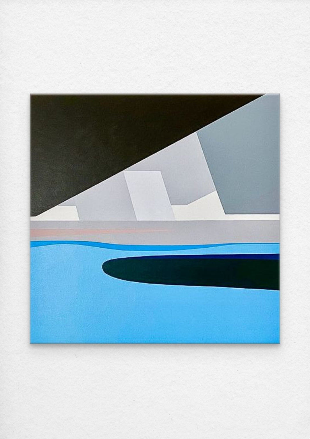 Abstract geometric, hard-edge artwork on canvas painted with black, blue dominant colors