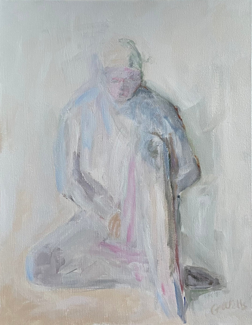 Acrylic on canvas painting using light and muted colors of Boy in Yellow Cap - Artly International