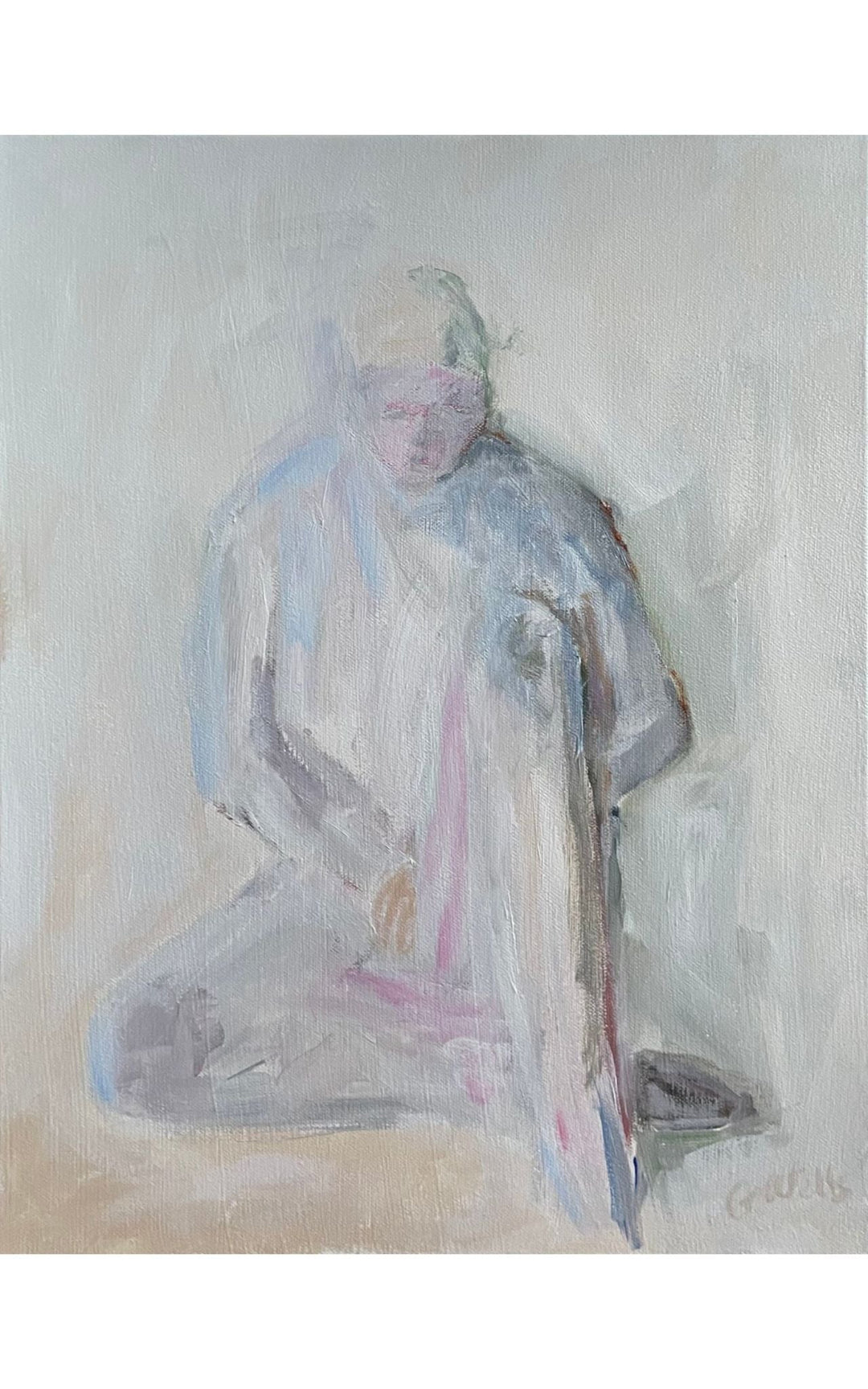 Acrylic on canvas painting using light and muted colors of Boy in Yellow Cap - Artly International