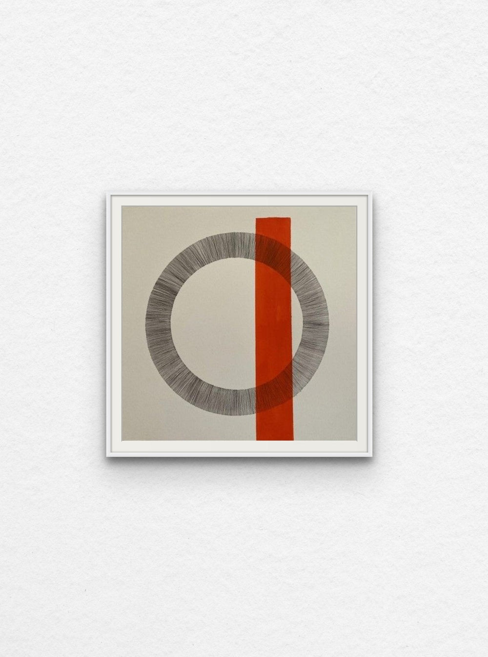 Ink drawing on paper of circle with orange acrylic shape floated in white frame.