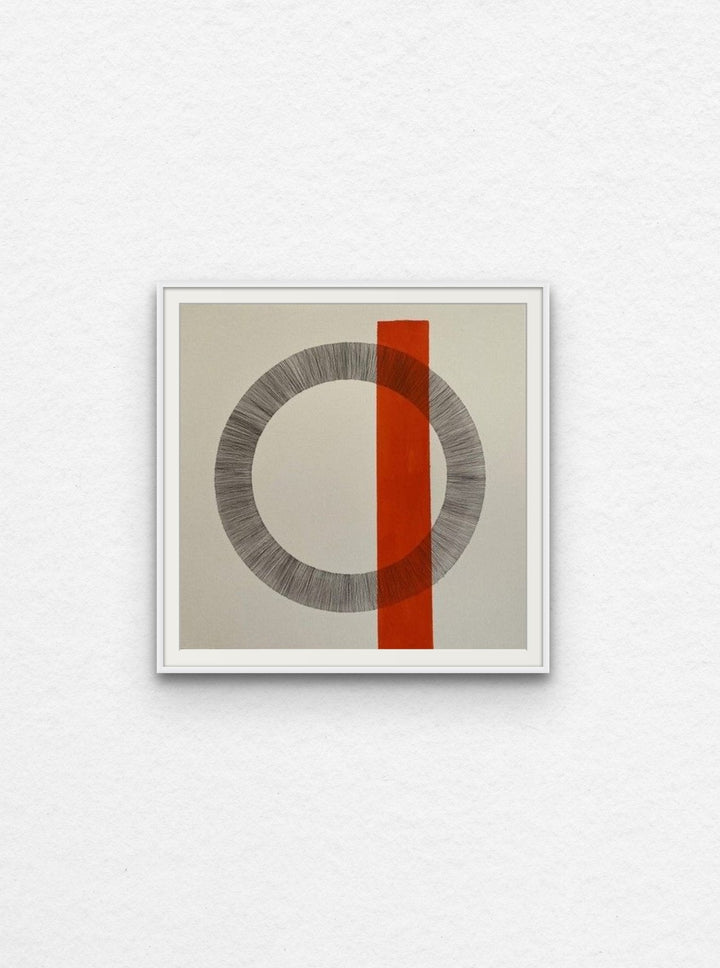 Ink drawing on paper of circle with orange acrylic shape floated in white frame.