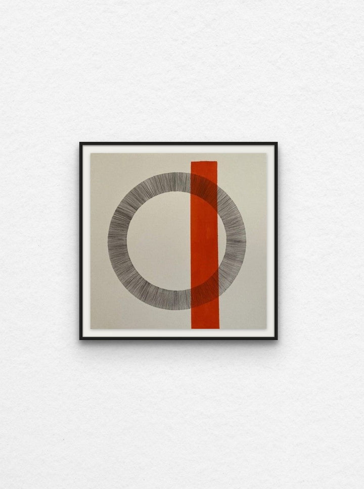 Ink drawing on paper of circle with orange band floated in black frame.