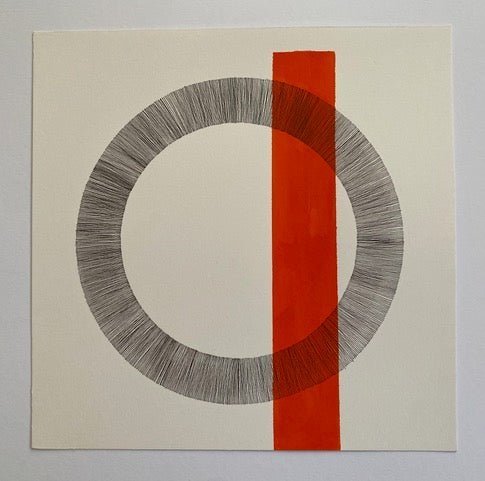 Ink drawing on paper with intersecting orange band.