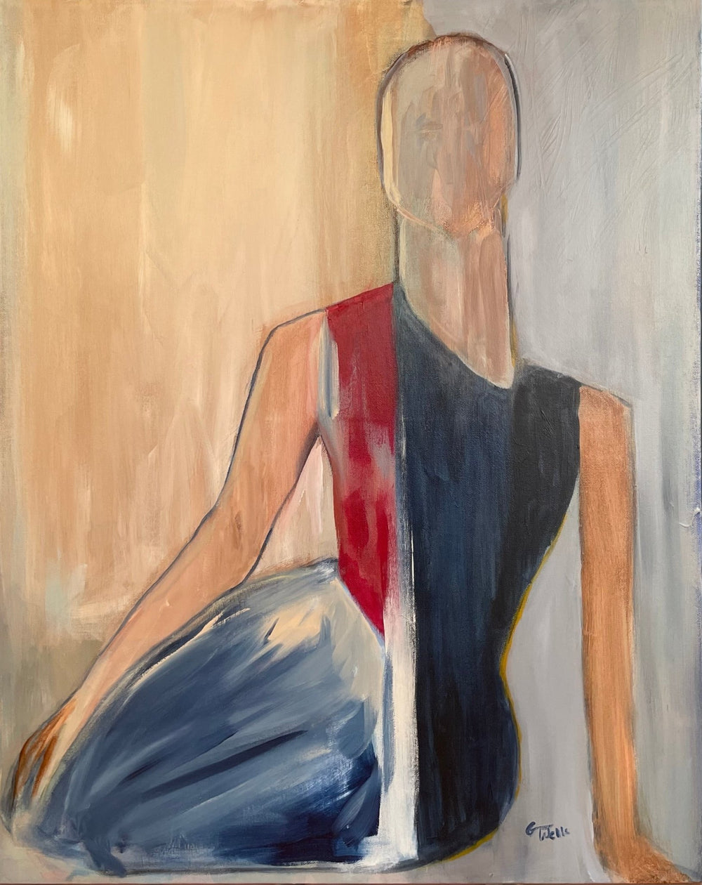 Acrylic color block painting of sitting figure titled Portamento - Artly International