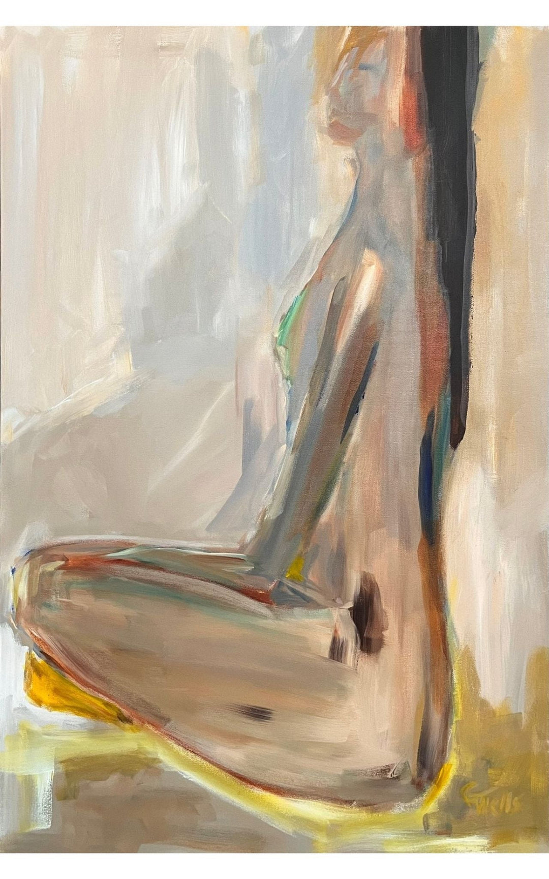 Acrylic painting of sitting female figure's profile in teal - Artly International