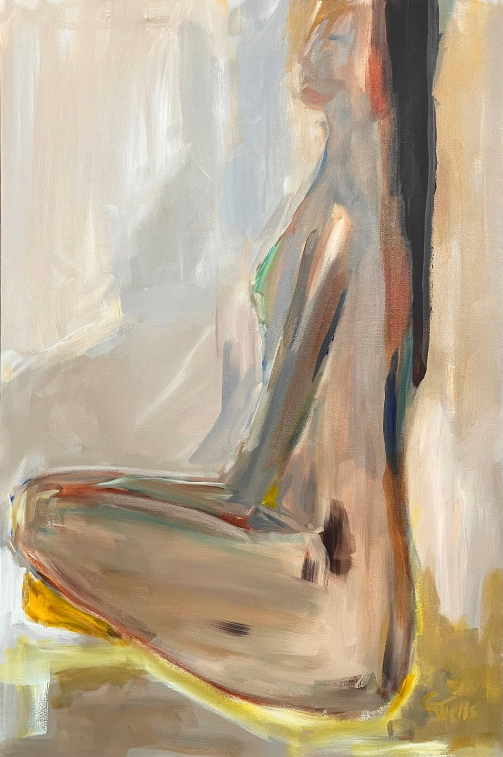 Acrylic painting of sitting female figure's profile in teal - Artly International