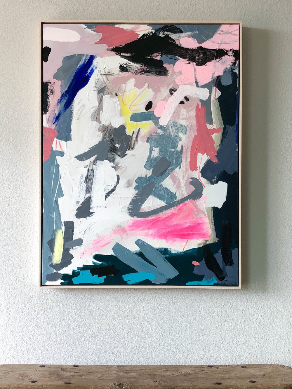 colorful abstract mixed media painting Sometimes We Run Alongside of Things installation view - Artly International