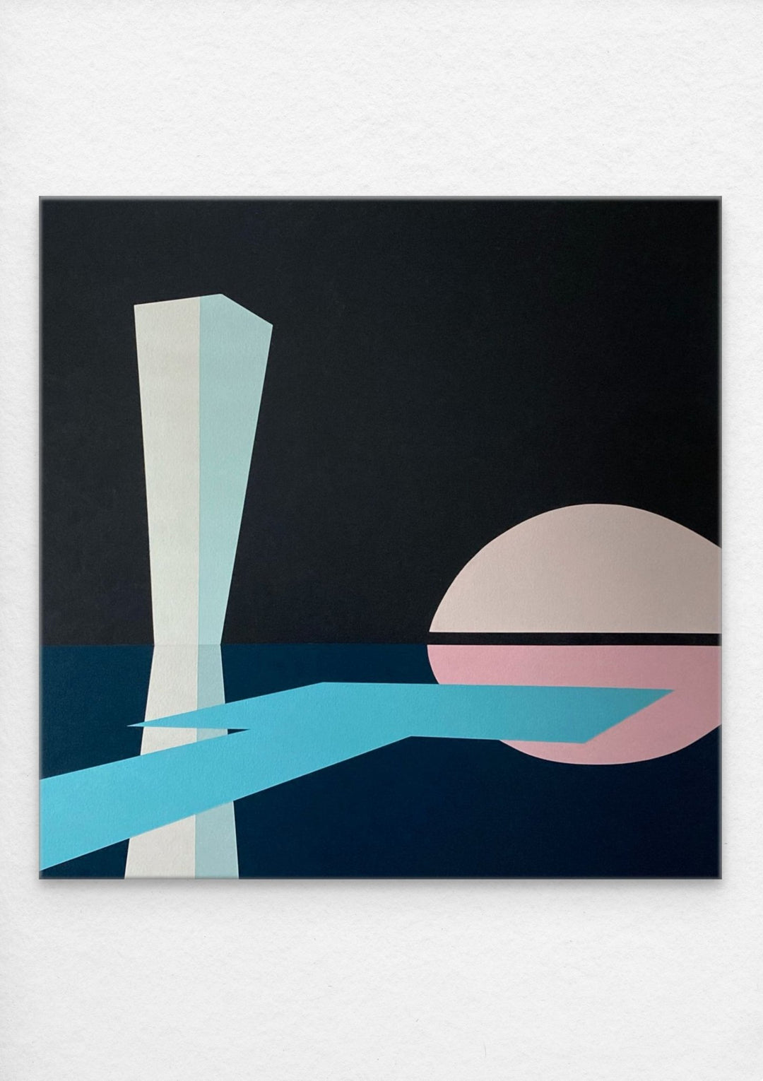 Abstract geometric, hard-edge artwork on canvas painted with neutral palette.