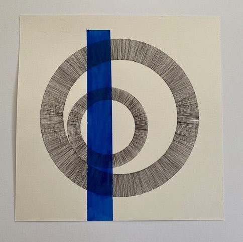 Ink drawing with intersecting acrylic blue band.