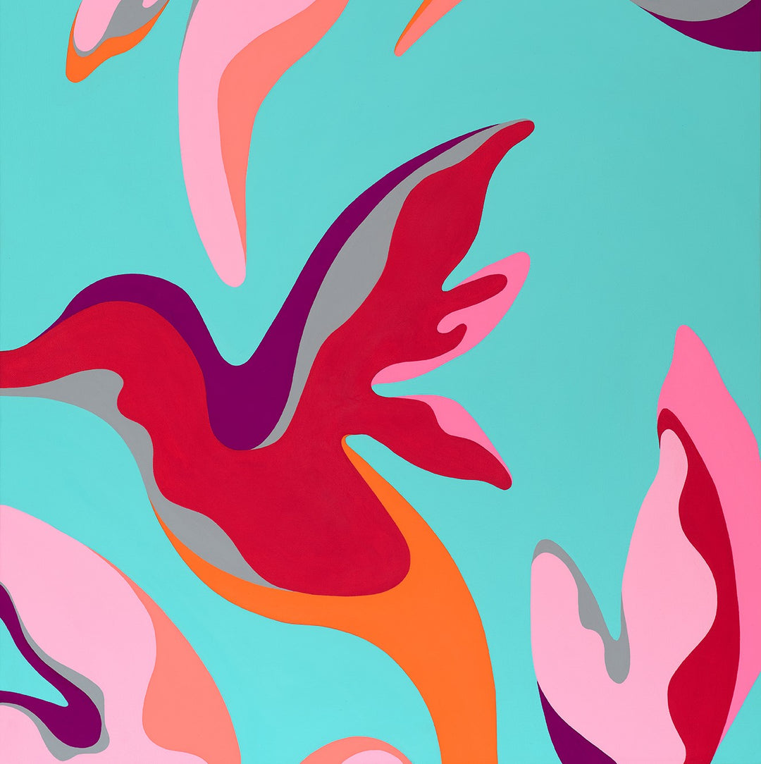 Allison Clements "Bouquet of Birds" colorful abstract painting.