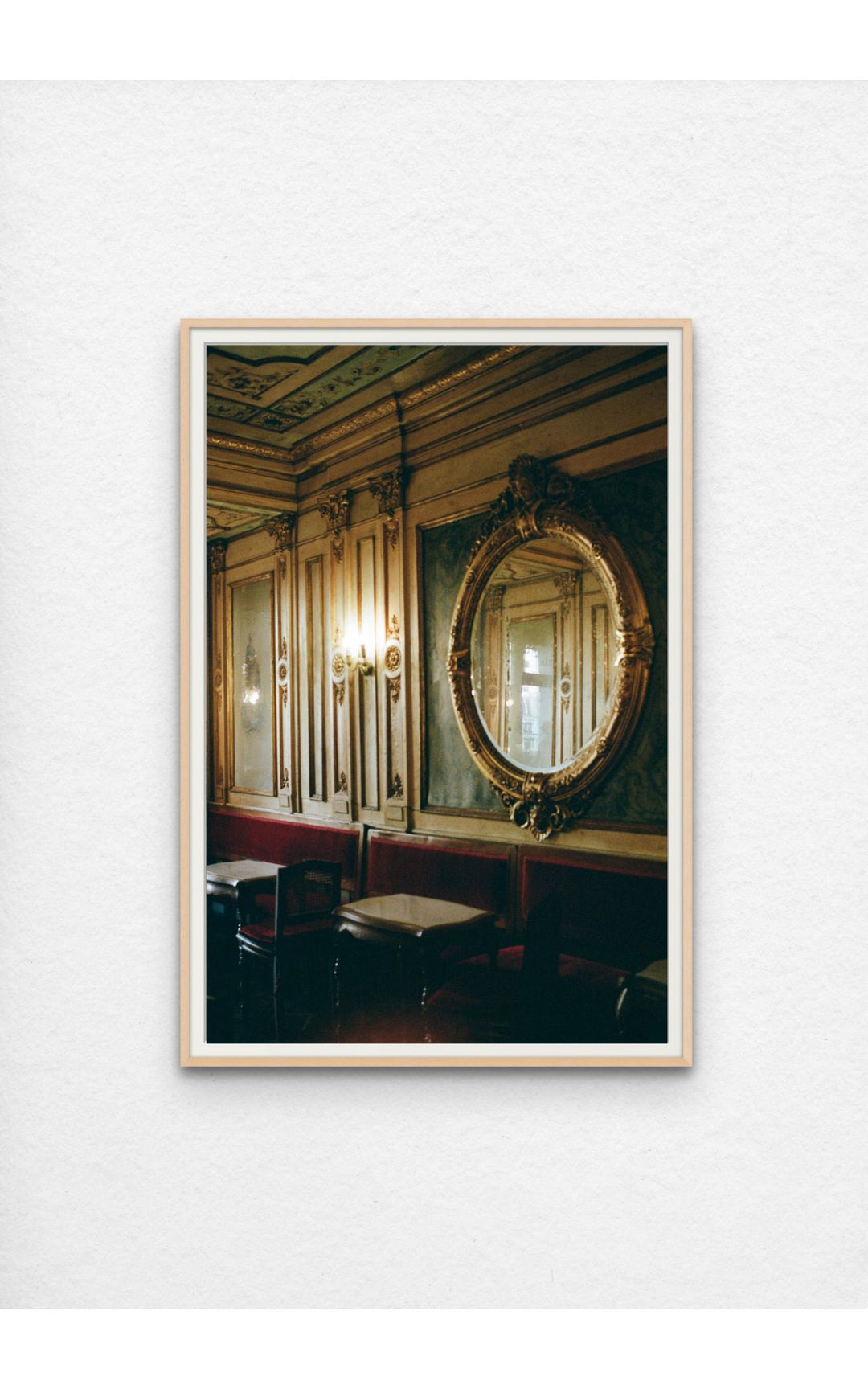 Vintage interior of Caffe Florian framed in maple.