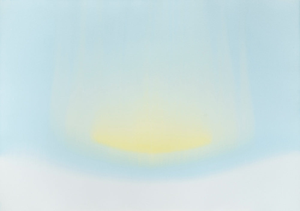 Minimalist watercolor composition with luminous slightly concave element in the center surrounded by skylike light blue.