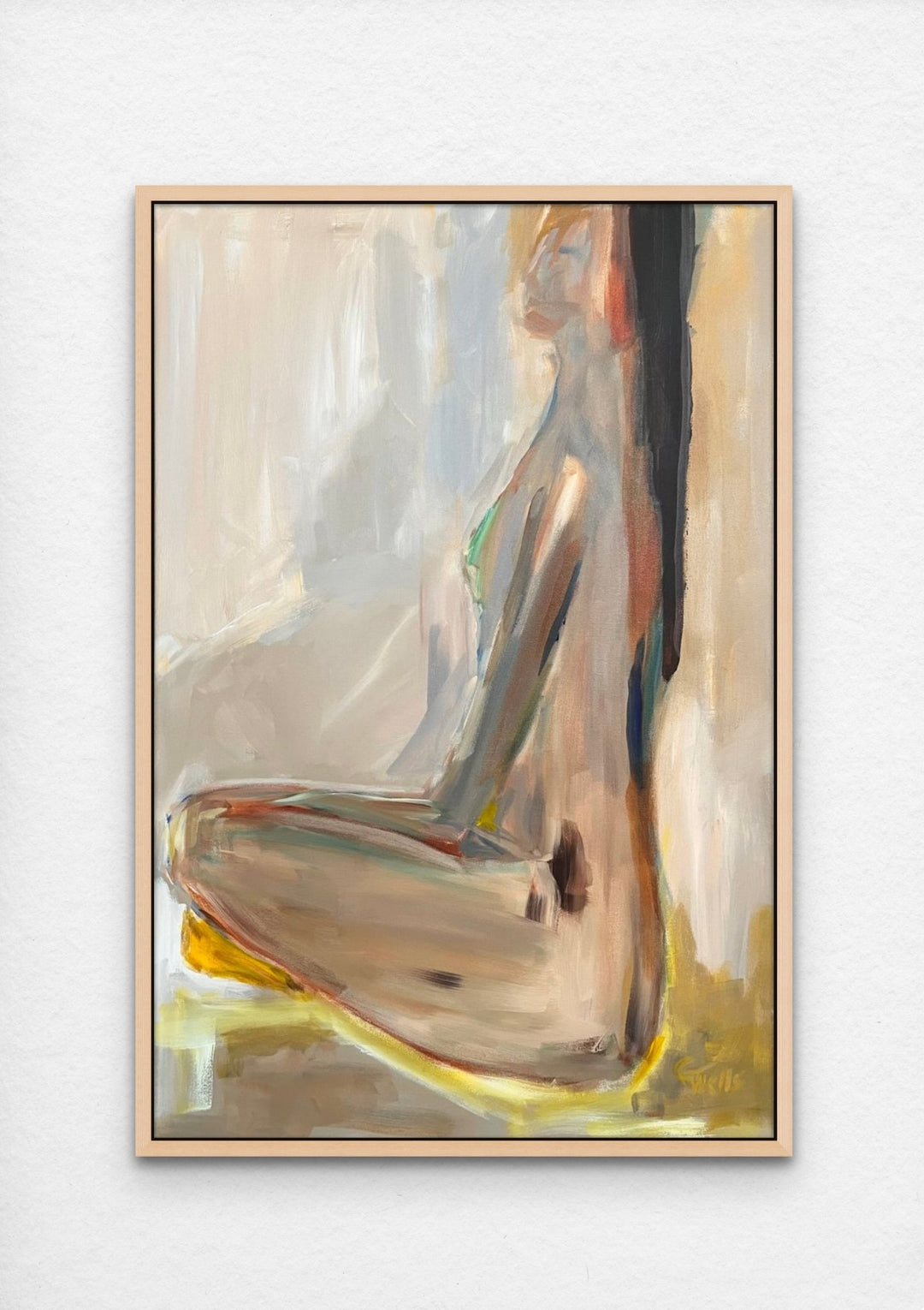 Acrylic painting of sitting female figure's profile in teal installation view - Artly International