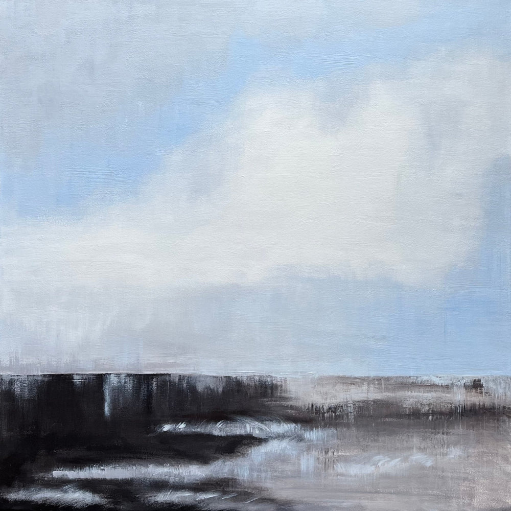 Powder blue sky with large cloud over a dark abstract landscape by Engeline Logtenberg.