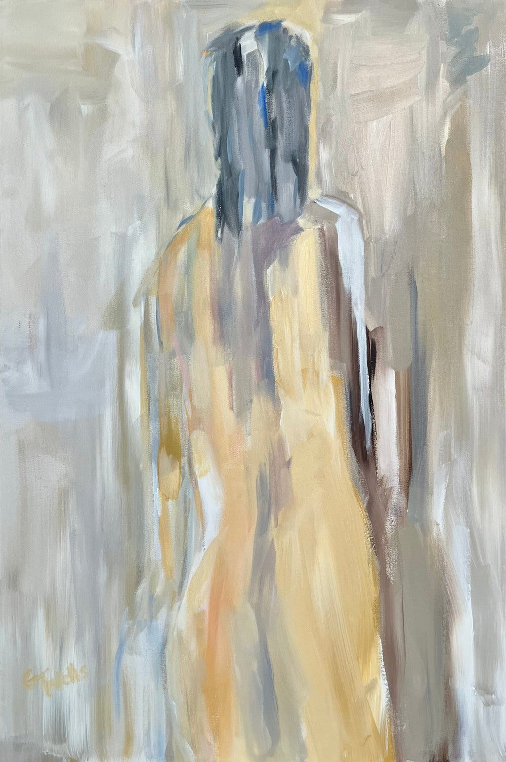 Abstract painting by Geoff Wells of female figure view from behind titled Bathhouse- Artly International