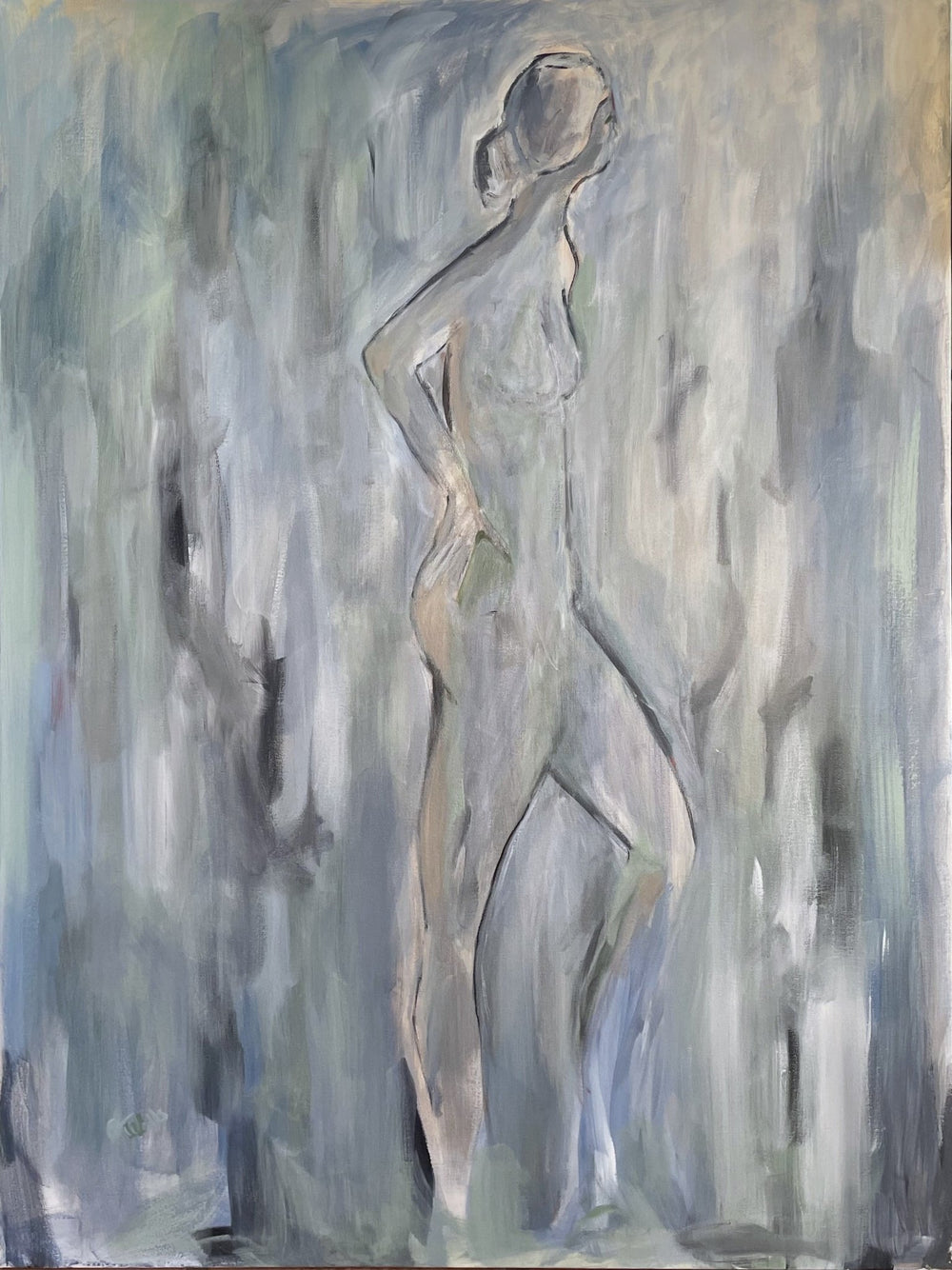 Abstract female figure side view with hand on hips using light blue hues by Geoff Wells titled Blue Light - Artly International