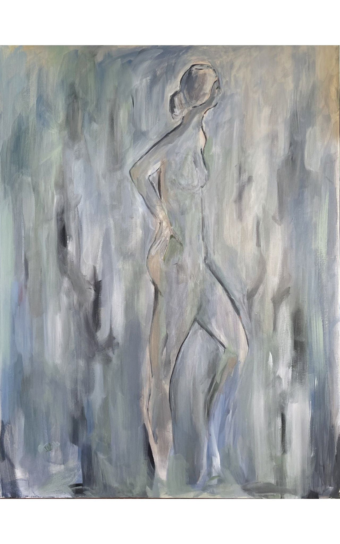 Abstract female figure side view with hand on hips using light blue hues by Geoff Wells titled Blue Light - Artly International