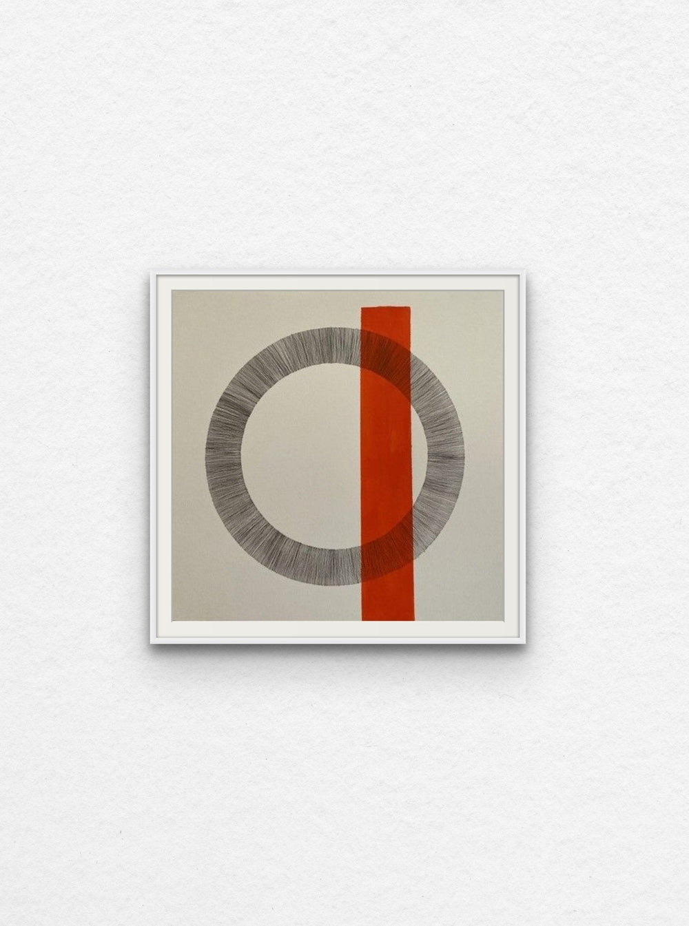 Ink drawing on paper of circle with orange acrylic shape floated in white frame. 