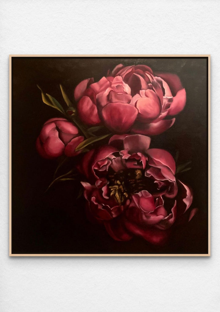 red flower realist painting maple frame