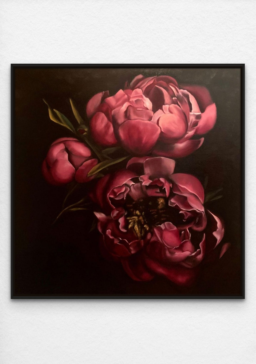 red flower realist painting black frame