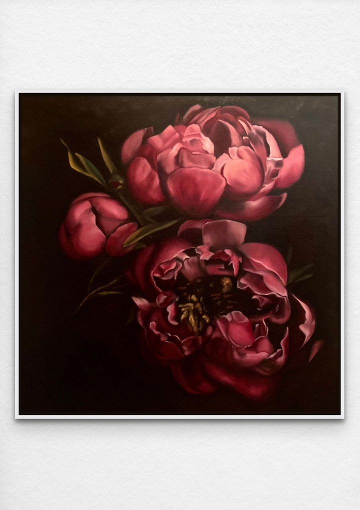 red flower realist painting white frame