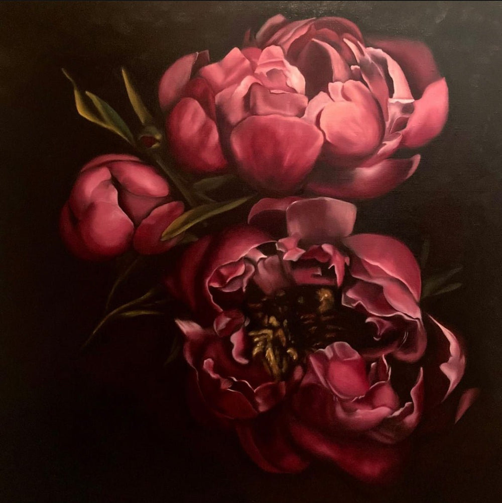 Flower painting in oil on large canvas of three peony blooms titled Dark Red Peony - Artly International