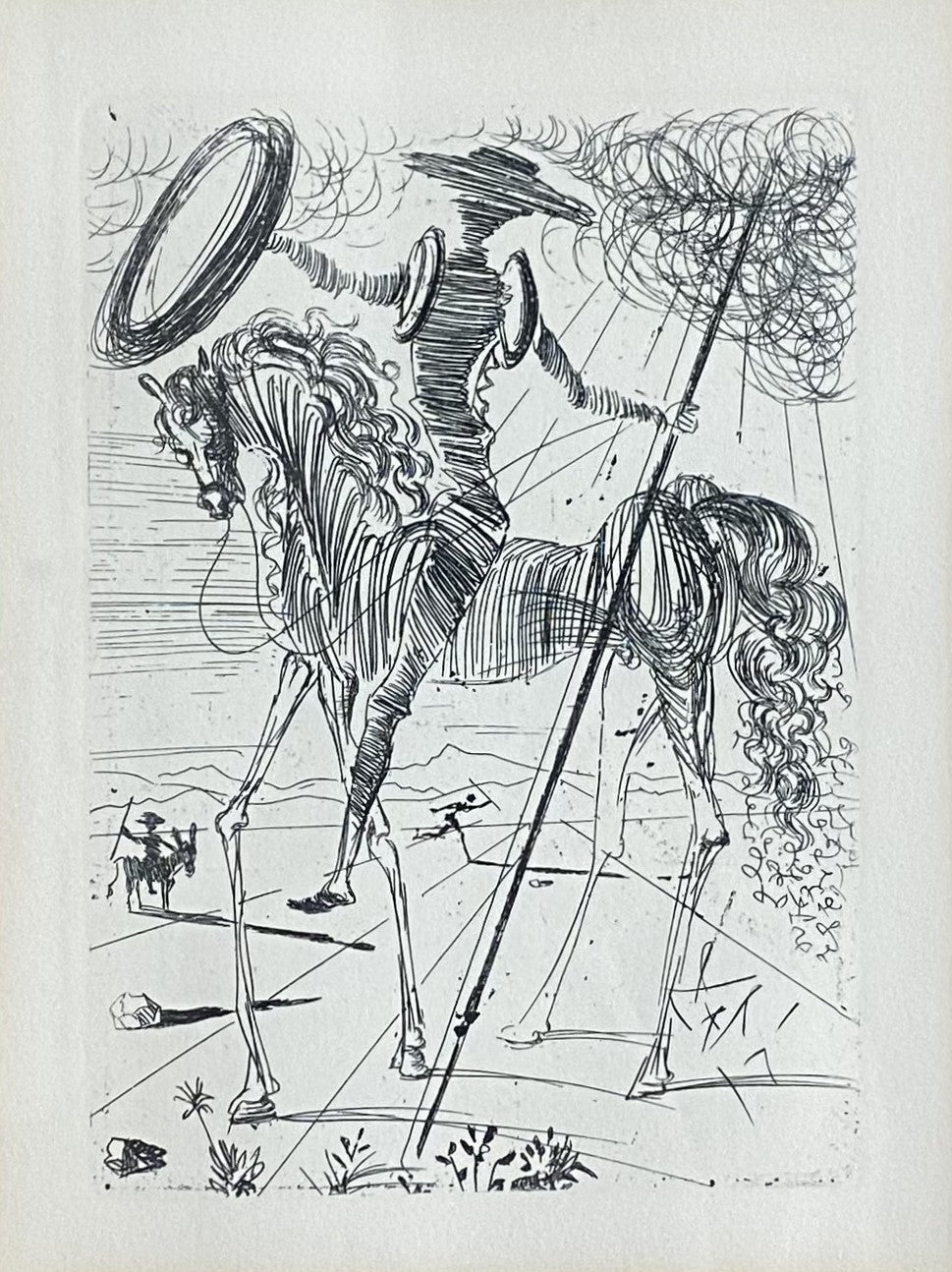 Salvador Dali's limited edition black and white etching of Don Quixote on horse with shield.