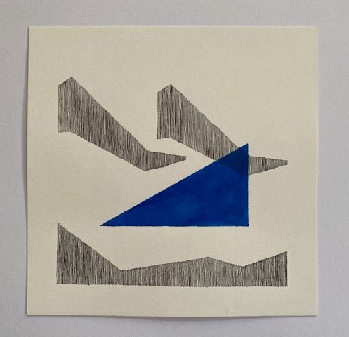 Ink drawing with blue shape intersecting.