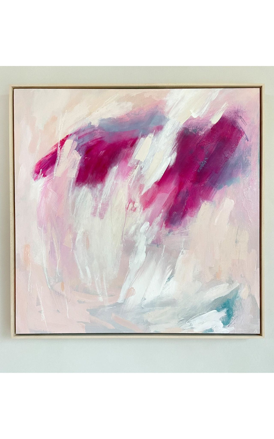 Abstract expressionist artwork with magenta hues against a light colored background.