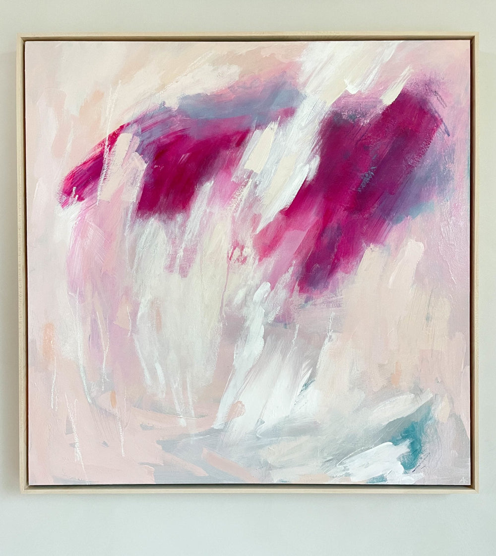 Abstract expressionist artwork with magenta hues against a light colored background.