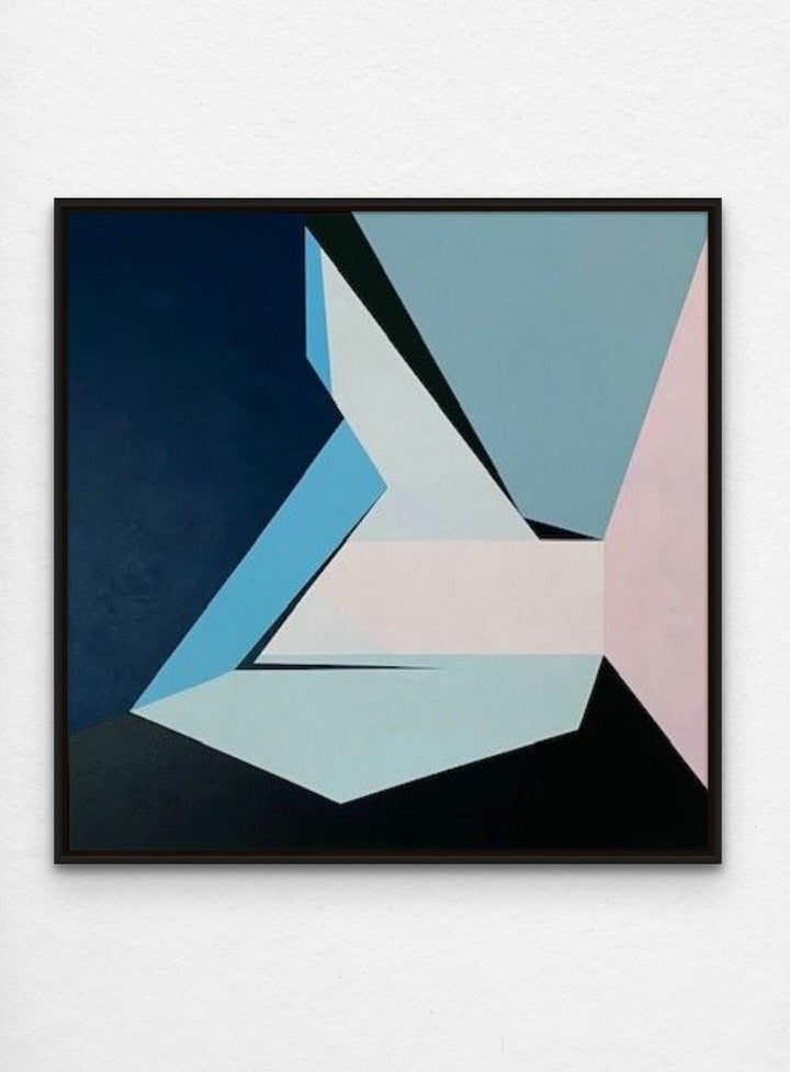 Abstract geometric, hard-edge artwork on canvas painted with neutral palette.