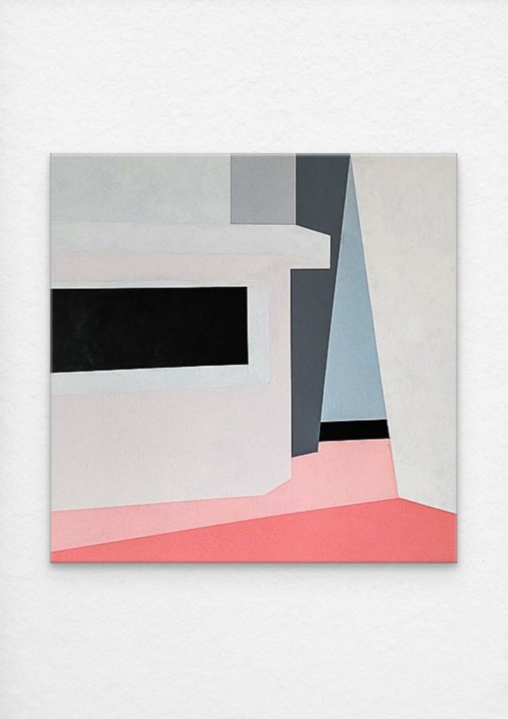 Abstract geometric, hard-edge artwork on canvas painted with neutral palette.