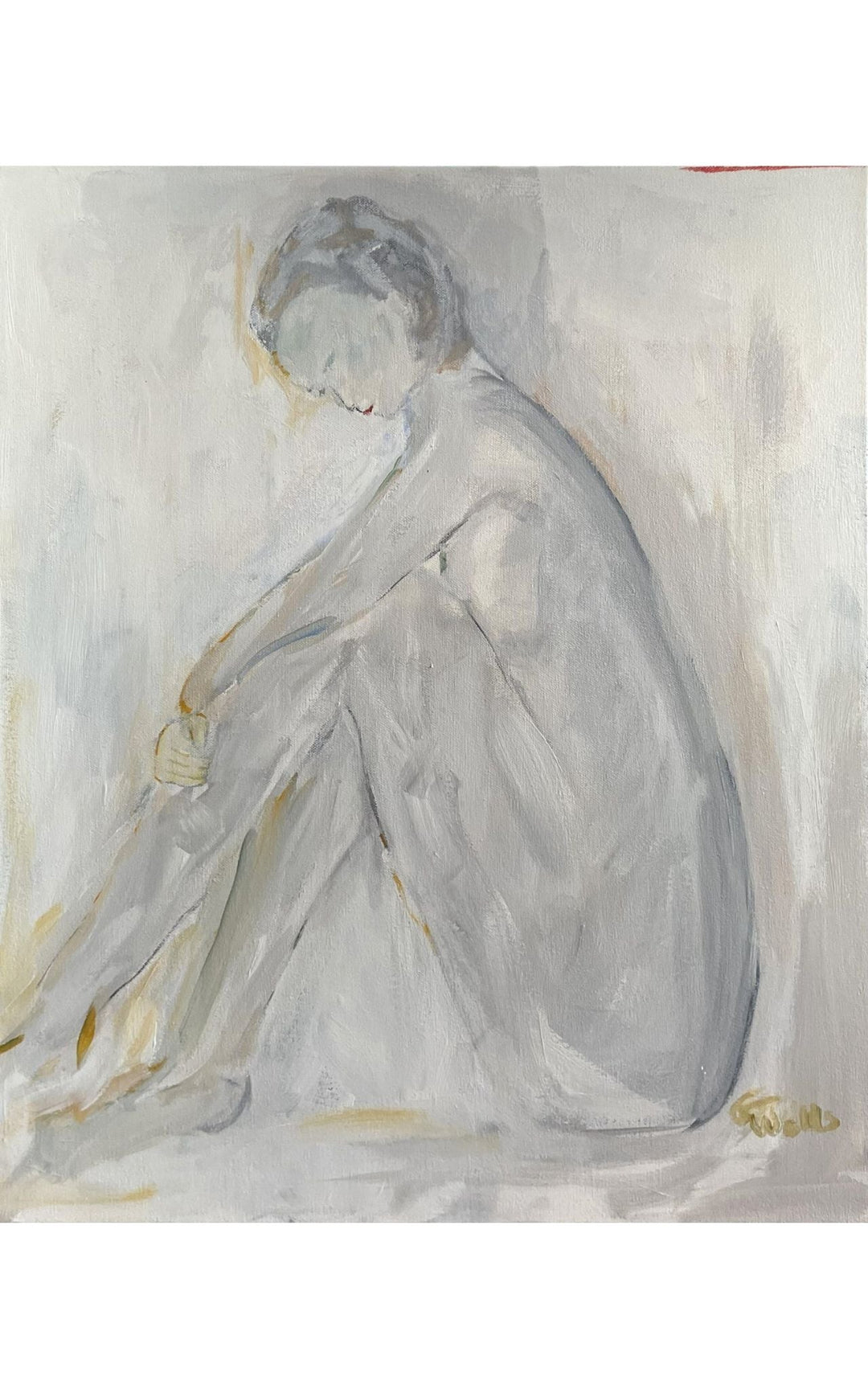 Acrylic on canvas abstract painting of female figure sitting with her knees to her chest. The colors are light creams and greys titled In Thought - Artly International