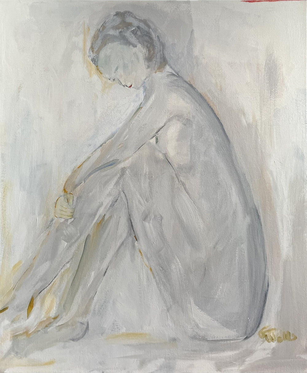 Acrylic on canvas abstract painting of female figure sitting with her knees to her chest. The colors are light creams and greys titled In Thought - Artly International