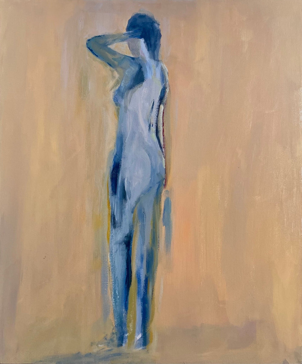 Acrylic painting on canvas of standing female figure with hand on head. Female is blue against a warm backgound. Languid - Artly International