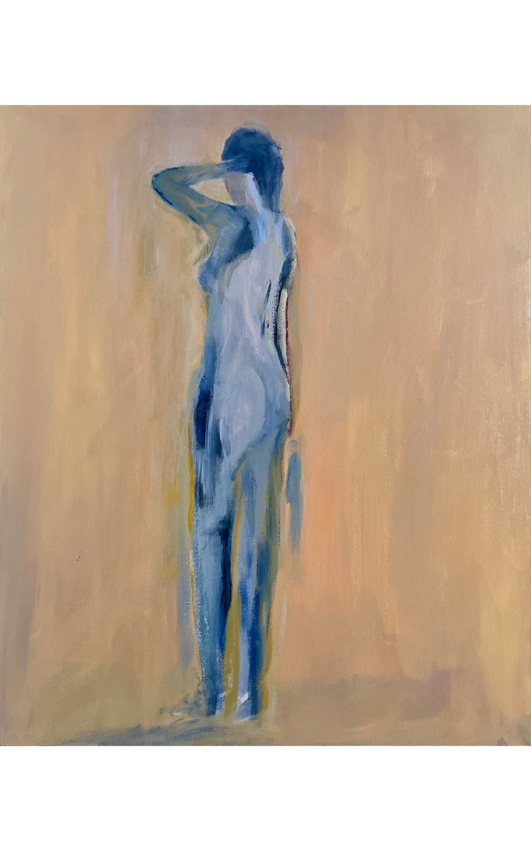 Acrylic painting on canvas of standing female figure with hand on head. Female is blue against a warm backgound. Languid - Artly International