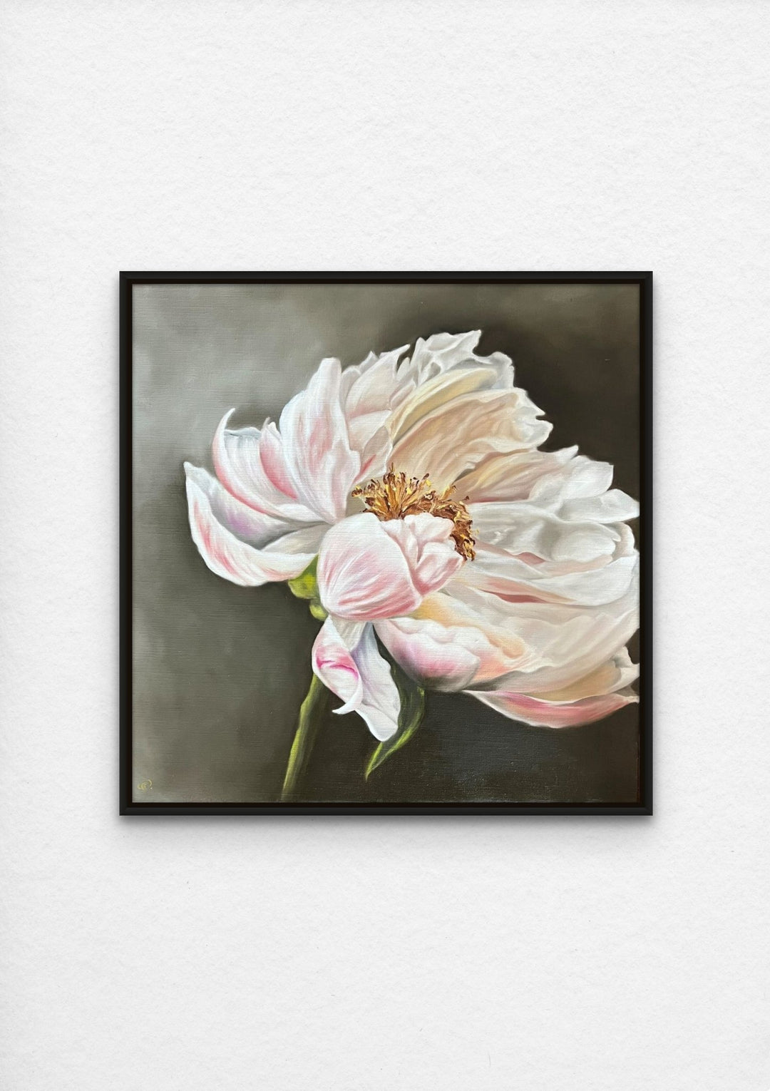 light pink peony realistic flower oil painting with black frame