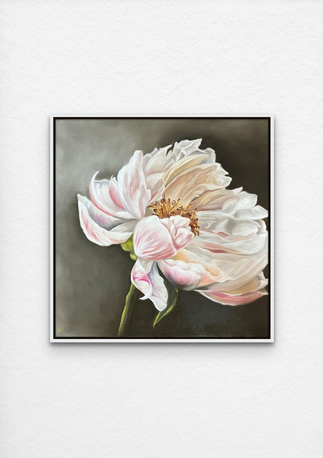 light pink peony realistic flower oil painting with white frame