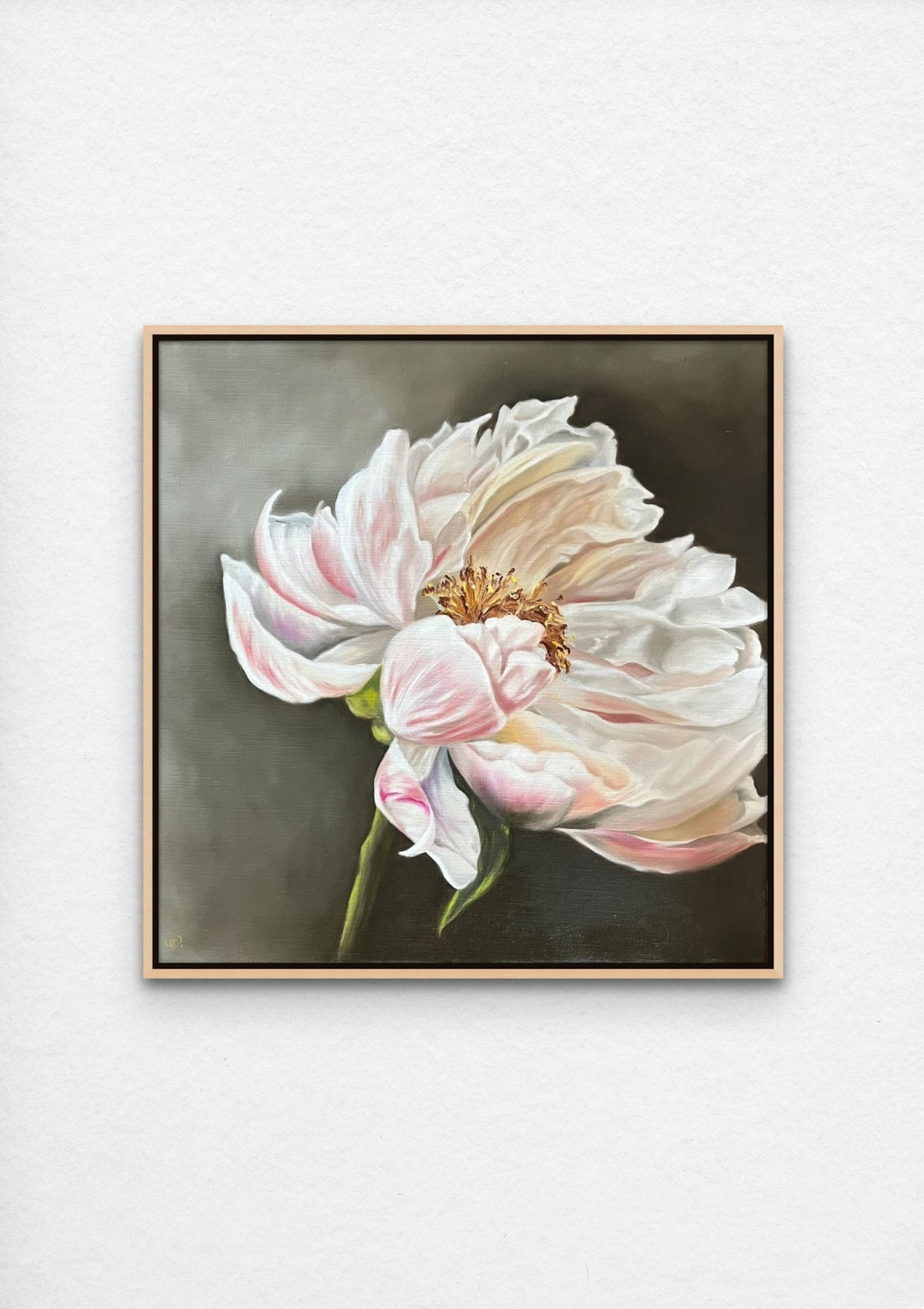 light pink peony realistic flower oil painting with maple frame