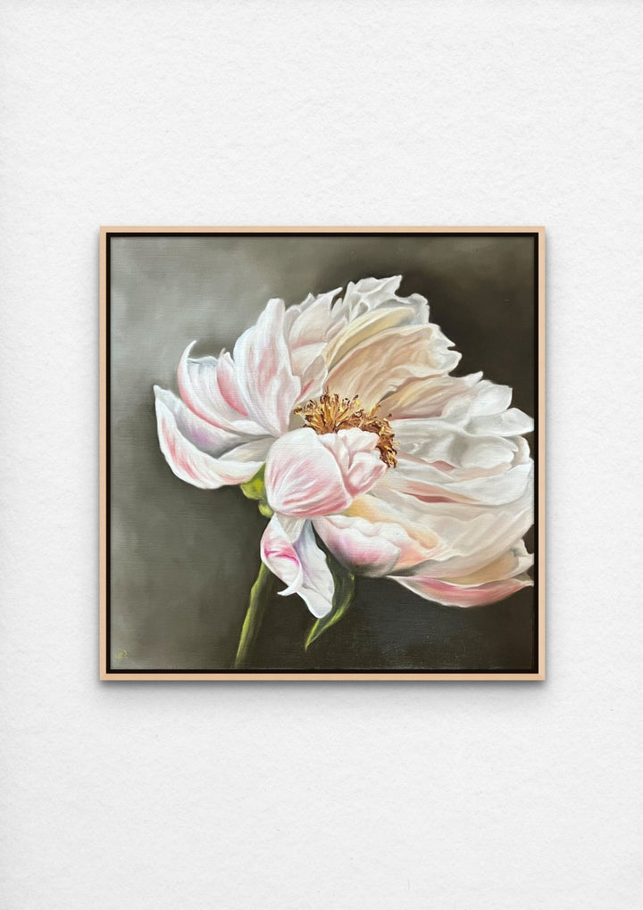 light pink peony realistic flower oil painting with maple frame