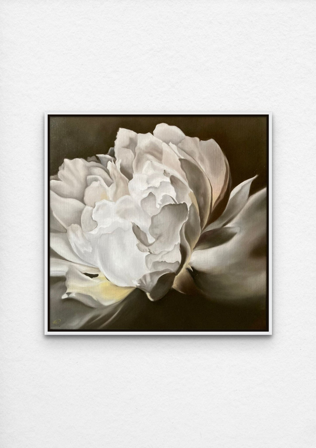 light peony oil painting on linen with white frame