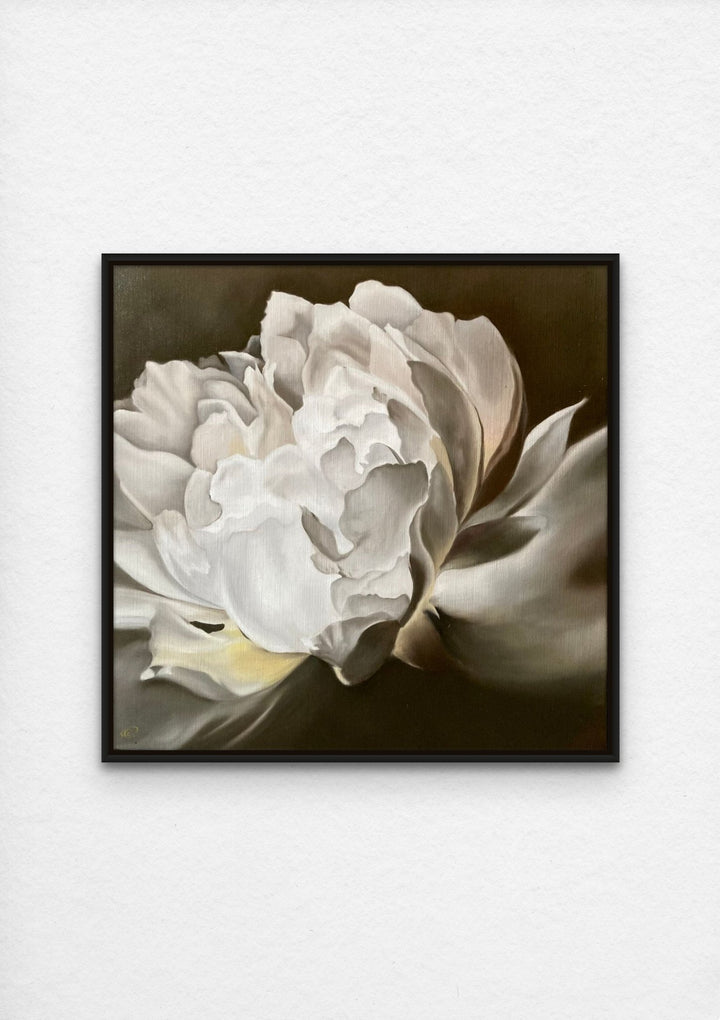 light peony oil painting on linen with black frame