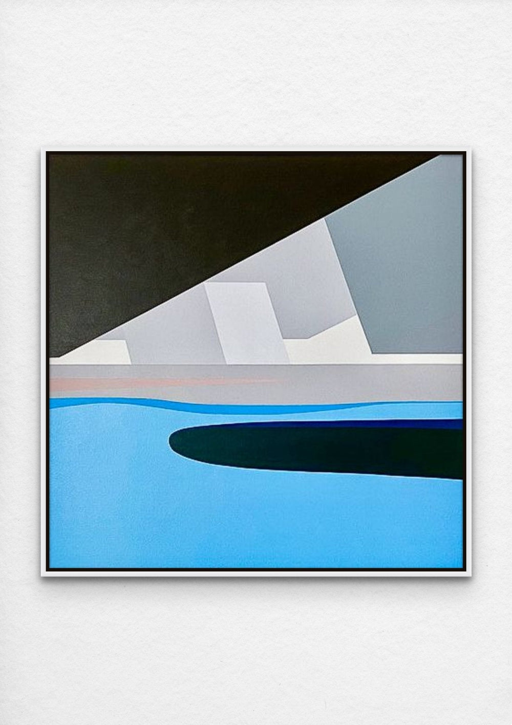 Minimal perspective artwork with architectural and sea components framed in white.