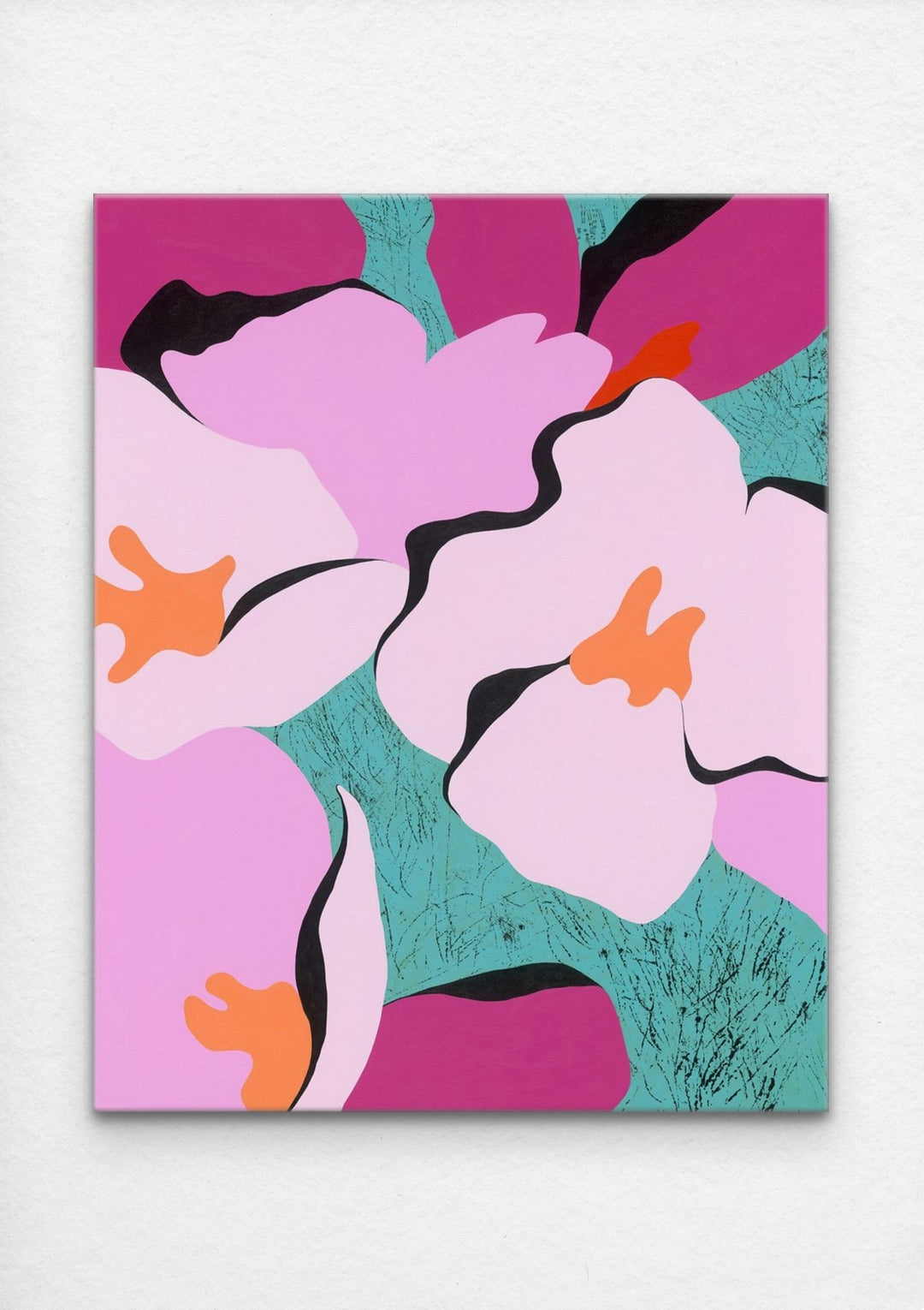 pink abstract painting with flowers