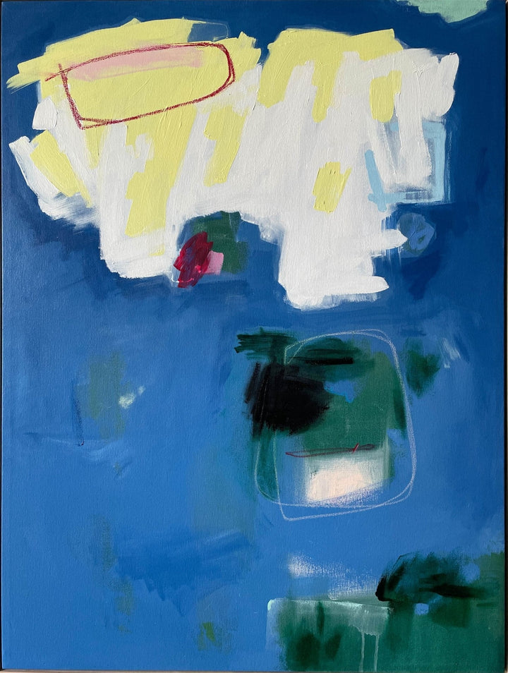 Abstract blue, green, white, and yellow painting titled Playground - Artly International