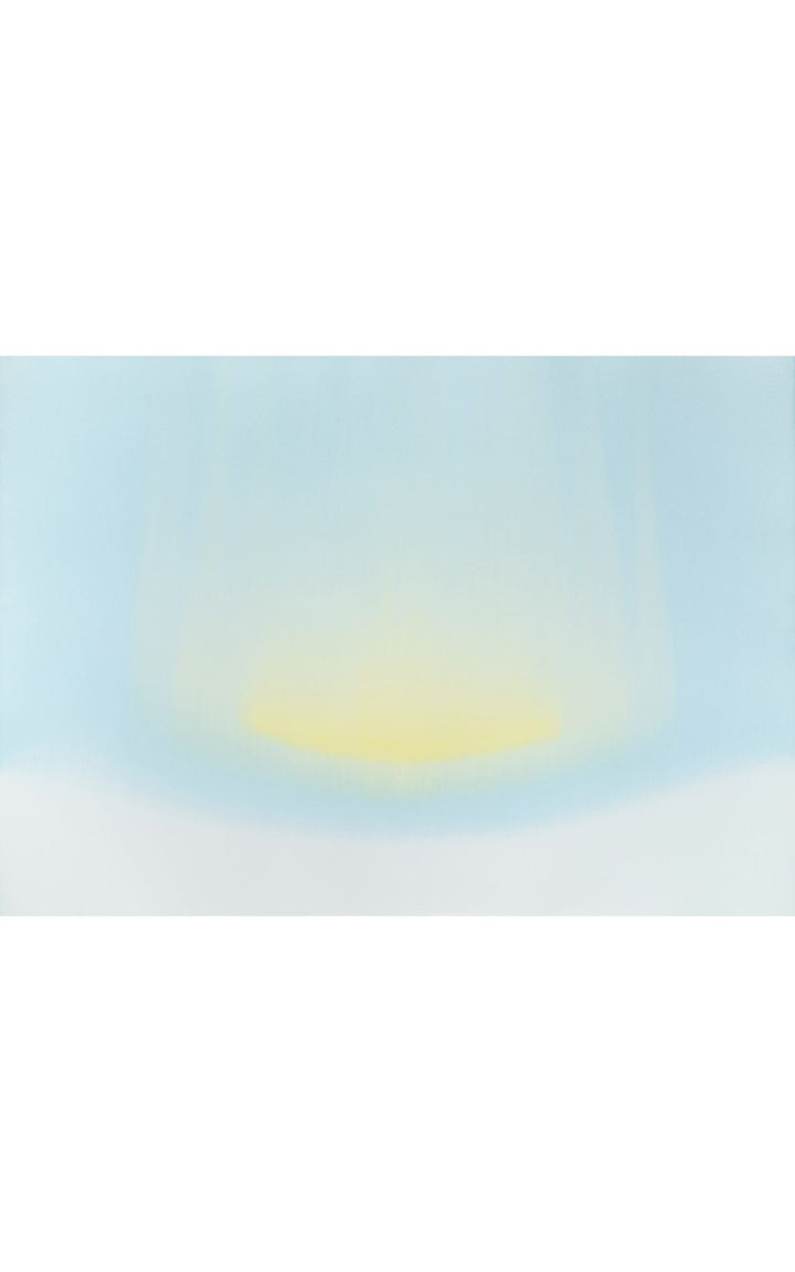 Minimalist watercolor composition with luminous slightly concave element in the center surrounded by skylike light blue.