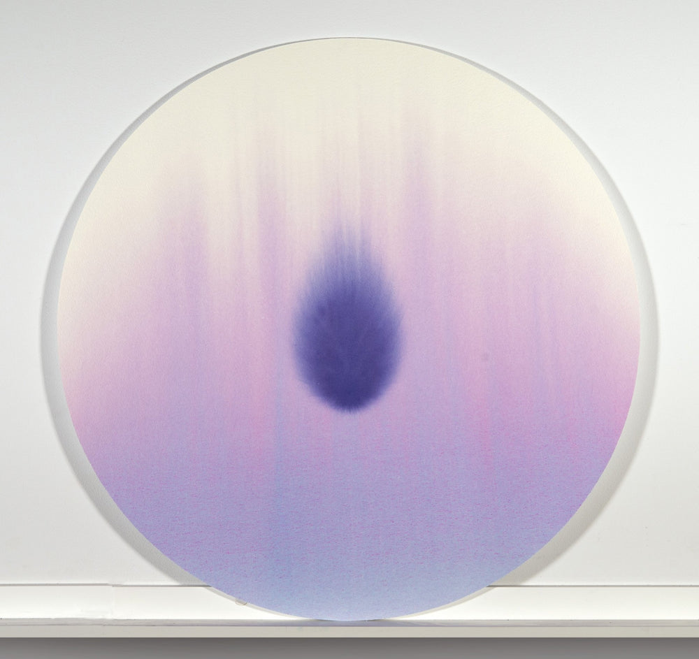 Minimalist tondo watercolor with intense purple central shape, set against a background of diluted hues.