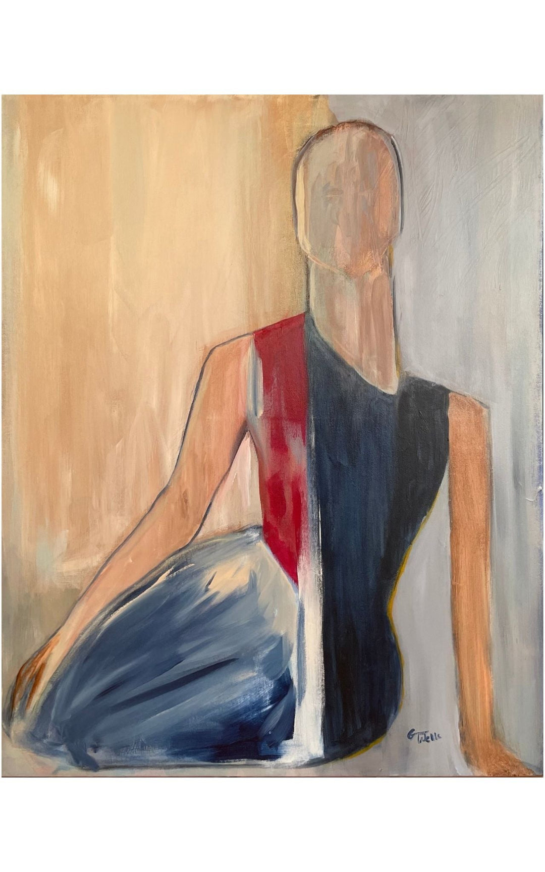 Acrylic color block painting of sitting figure titled Portamento - Artly International