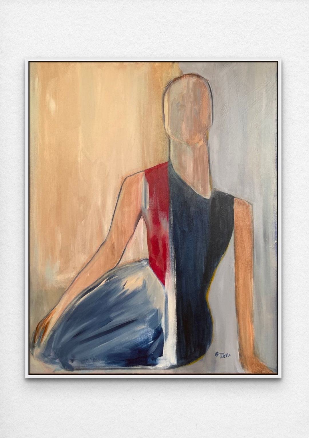 Abstract figurative painting of sitting female with elements of color block. 