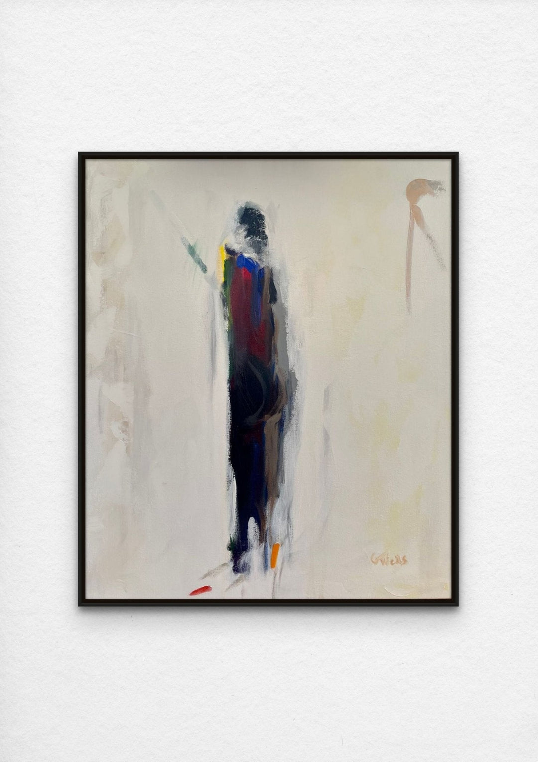 Abstract dark figure standing on light colored background. 